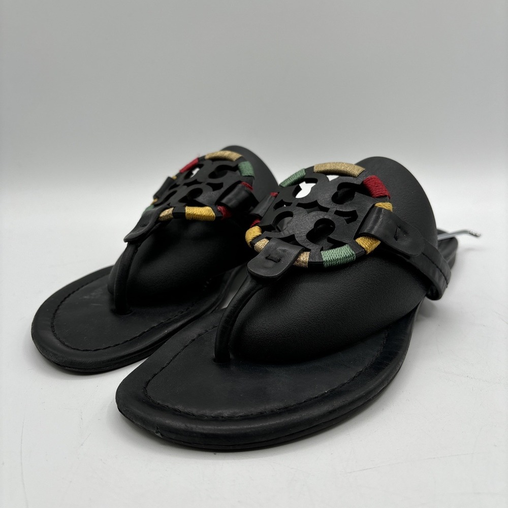 Tory Burch Miller Flats Women's 7 Black Thong Embroidered Colorful Logo Sandals